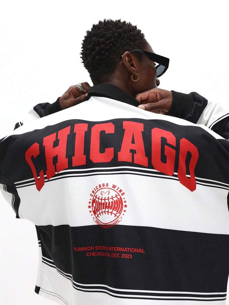 Chicago Graphic Striped Long Sleeve Rugby Polo