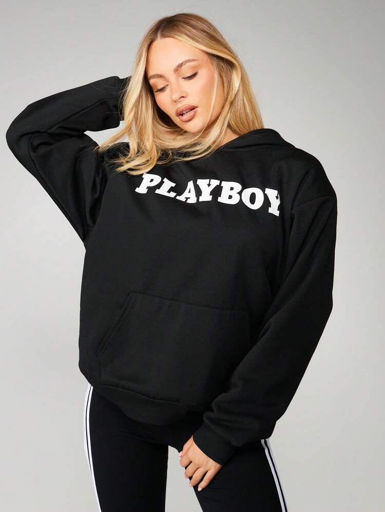 Missguided x Playboy 드로스트링 후드와 중앙 포켓이 있는 오버사이즈 로고 후드티