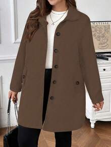 大码休闲纯色外套，秋冬季 - 駝色 - 查看 3