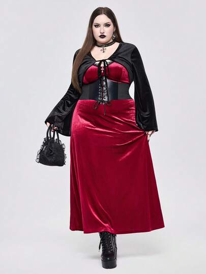 Goth Conjunto de vestido elegante y vintage para fiesta, cena y reunión, de talla grande y estilo gótico sexy. Incluye chaqueta tipo cárdigan de terciopelo con lazo, para mujeres de talla grande. Conjunto de vestido de fiesta vintage exquisito de talla grande para otoño/invierno, con cinturón en la cintura. Vestido maxi de terciopelo de talla grande con diseño de espalda descubierta, elegante y vintage.