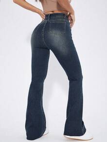 SHEIN ICON Jeans de pierna acampanada de cintura alta en azul denim lavado - Azul lavado oscuro - Ver 2