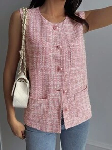 DAZY Women's Casual Sleeveless Single-Breasted Plaid Jacket, Autumn Women Coats - Pink - View 4