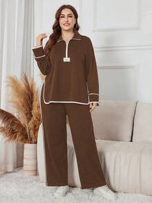 Lacomfia 大码女式撞色边侧开衩上衣和裤子套装 - 棕色 - 查看 4