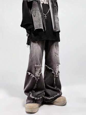 Street Life Jeans casuales con cordones, bolsillos y desgastados para hombres, para la escuela, estilo grunge