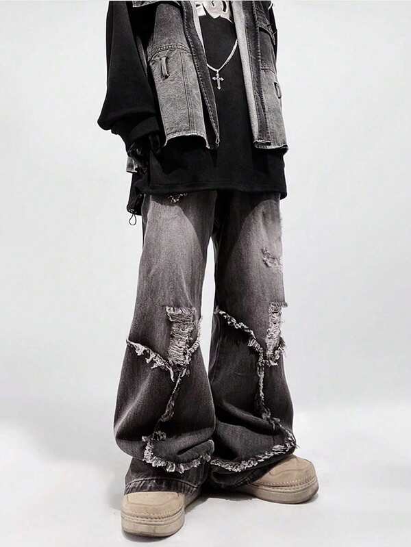 ROMWE MEN Street Life Men's Casual Lace-Up Pocket Distressed Jeans, School, Grunge