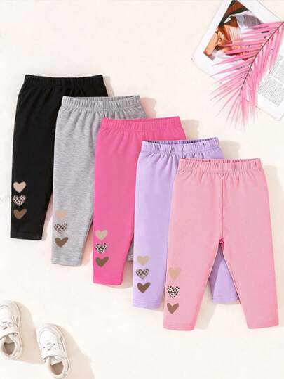 SHEIN Playful Pals 5 条装女童休闲心形印花打底裤，基本款舒适日常穿着裤，黑色、灰色、玫红色、紫色、粉色，适合所有季节