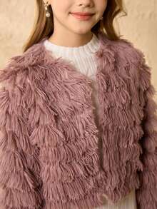 Tween Girls Long Sleeve Furry Cardigan Sweater + Waist Cinched Long Sleeve Ribbed Elegant Dress Set, Suitable For Halloween, Christmas, Elegant & - Pink - View 6