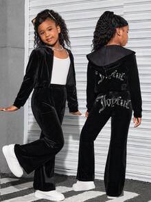 Tween Girls Black Velvet Hoodie Jacket & Flare Pants Set, Casual Sports Outfit With Rhinestone Letter Print, Suitable For Christmas - Black - View 5