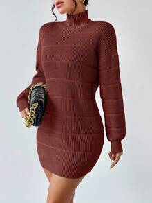 Almamuse Women's Casual High Neck Drop Shoulder Long Sleeve Knitted Sweater Dress, Autumn/Winter