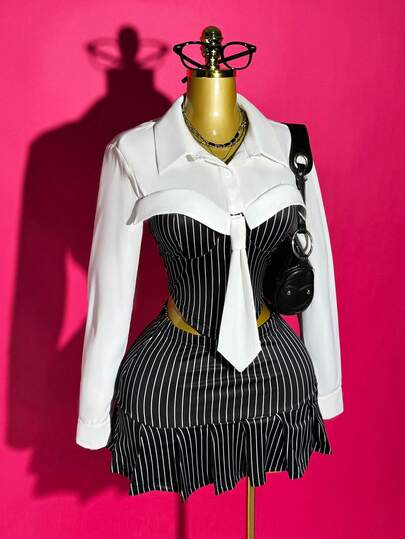 Mistrie Women's Casual Striped Pleated Hem Mini Skirt