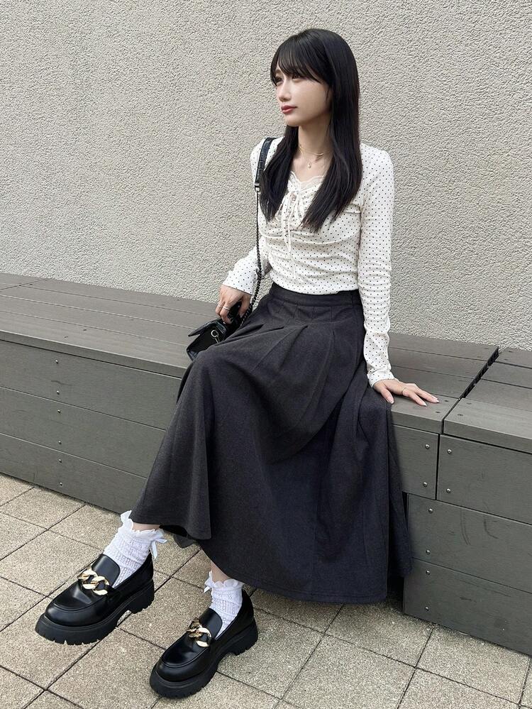 Tall Women's Casual Polka Dot & Lace Patchwork Long Sleeve T-Shirt Spring