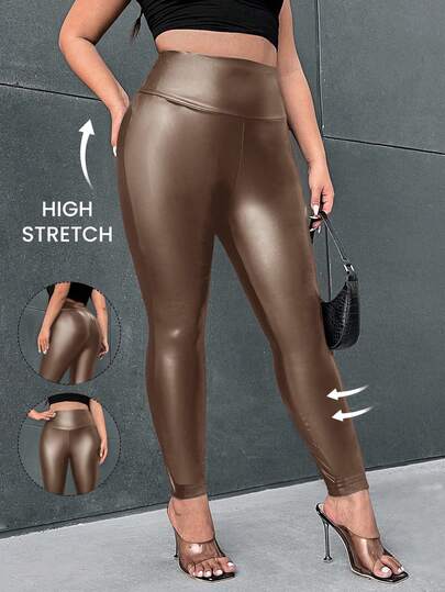 Firerie Plus Size Women High Waist High Elasticity PU Leather Leggings