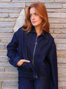 SILVIA DI SANTO 宽松版型翻领拉链长袖牛仔夹克 春夏街头服饰 书店 音乐会 节日街头服饰 返校 工作 办公室 秋季 秋季 冬季 休闲 办公室工作 - 深色水洗藍 - 查看 4