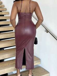 Alexandranx Solid Brown Coffee-Colored Sexy Minimalist Bustier Corset Corset Dress, Suitable For Cocktail Party, Romantic Date, Autumn/Winter Underdress, Gathering, Party, Nightclub, Halloween, Christmas,Halloween Clothes Women ,Halloween Costume,Country - Burgundy - View 2