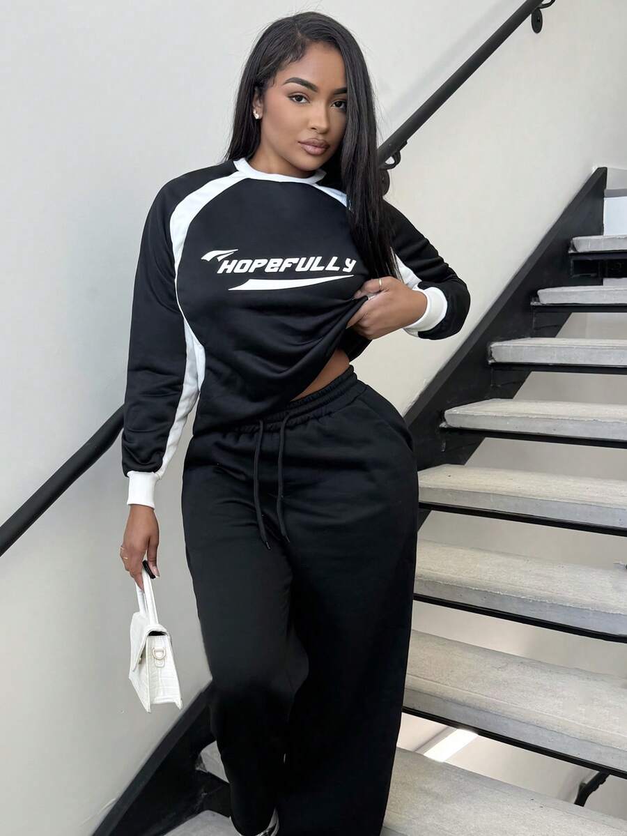 Alexandranx 女士秋冬街头运动休闲图案撞色长袖运动衫、长袖上衣 - 黑色 - 查看 1