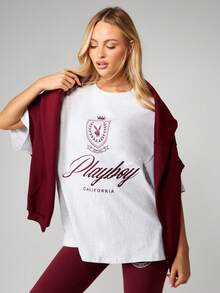 Missguided x Playboy California Graphic Oversized T-Shirt With Logo Design Short Sleeve Casual Cotton Tee - Light Grey - View 4
