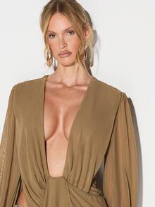 KIZN Long Sleeve Cowl Neck Drape Detail Blouse With Mesh Sections For Fall Winter - Mocha Brown - View 5