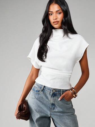 MISSGUIDED Mock Neck Short Sleeve Boxy Fit Knit Top With Cuffed Sleeves For Casual Layering And Everyday Wear