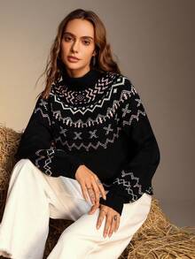 Chiquease Stylish Black High Neck Long Sleeve Knit Sweater - Black - View 6