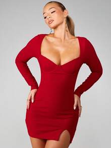 MISSGUIDED Long Sleeve Bodycon Mini Dress With Sweetheart Neckline And Side Slit For Evening Party - Red - View 1