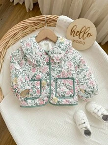 SHEIN Baby Girls Floral Pattern Thermal Lined Casual Jacket, Suitable For Autumn/Winter - Pink - View 3