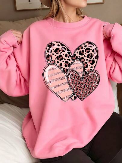 EMERY ROSE Women's Plus Size Round Neck Sweatshirt With A Heart-Shaped Leopard Print Pattern, Suitable For Autumn And Winter, Women's Clothing