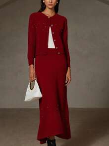 GENKIRA 2pcs Diamond Studded Crew Neck Sweater & Solid Color Mini Skirt Set - Red - View 4