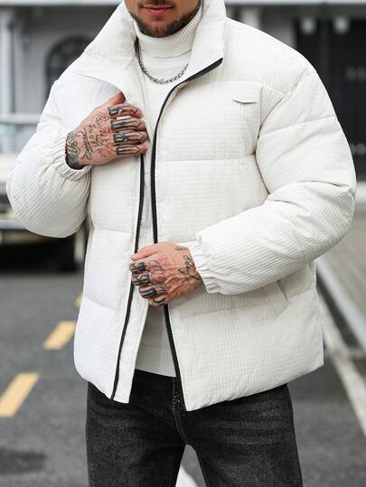 Manfinity CasualCool 男士简约纯色休闲长袖冬装外套，外出穿着，送朋友、老公、男友的礼物，奶油色男士白色冬季羽绒服