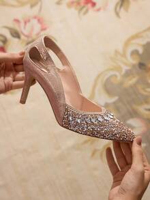 CUCCOO TILAWA Fashionable Sexy Pointed Toe Thin High Heel Hollow Out Rhinestone Glamorous Party Champagne Women's High Heel Pumps For Christmas - Champagne - View 2
