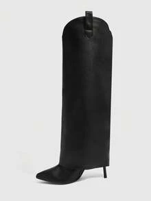 CUCCOO SZL 女士尖头高跟靴，黑色 PU 皮革，分层设计，时尚舒适，适合日常、派对、活动，侧拉链 - 黑色 - 查看 6