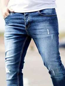 Manfinity Homme 男士修身保暖牛仔裤，毛边牛仔裤，纯深蓝色修身长款破洞工装牛仔裤，送给丈夫、男友的礼物，适合外出、休闲、通勤、上班、街头穿着，秋冬季