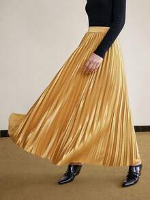 Ontre Váy nữ lưng thun xếp ly màu trơn thanh lịch đa năng giản dị - Màu Khaki - Xem 3