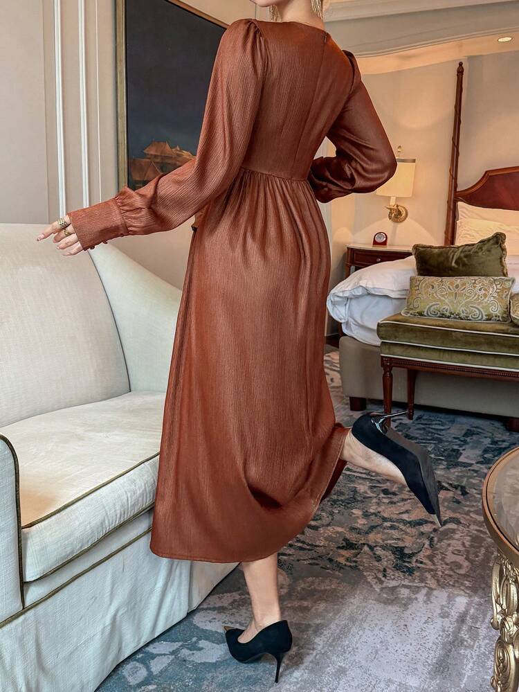 Women's Elegant Solid Color Pleated Asymmetric Midi Dress, Autumn