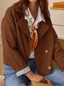 Serisse Women's Casual Lapel NeckRaglan Sleeve Double-Breasted Trench Coat, Autumn Winter Brown - Brown - View 7