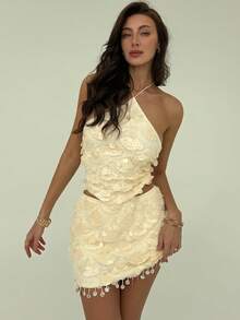 Aloruh Áo hở lưng đính sequin, dây chéo phía sau dành cho nữ, thích hợp cho Giáng sinh, Halloween, tiệc tùng. - Màu be - Xem 3