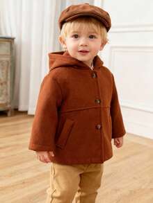 Baby Boys' Fashionable Minimalist Brown Button Patchwork Long Sleeve Hooded Overcoat, Suitable For Autumn/Winter, Everyday And Outdoor Wear