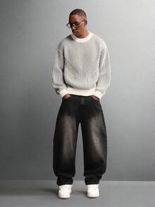 SUMWON 短款修身罗纹圆领套头衫，饰有定向条纹，休闲冬季针织衫 - 灰色 - 查看 6