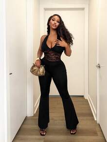 SHEIN BamGlam 女式时尚性感蕾丝拼布露背吊带连体裤 - 黑色 - 查看 5