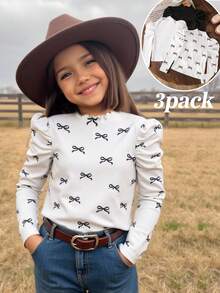 SHEIN 3pcs/Set Young Girls Puff Sleeve Long Sleeve T-Shirt,Casual Basic Stand Collar Heart Bow Print Tops For White Autumn School Back-To-School,Tween Shirt - Multicolor - View 8