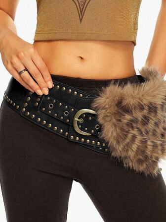 Goth 1pc Women's Brown Leopard Print Fluffy Decorative Western Style Belt & Dress Accessory, Versatile For Daily Wear