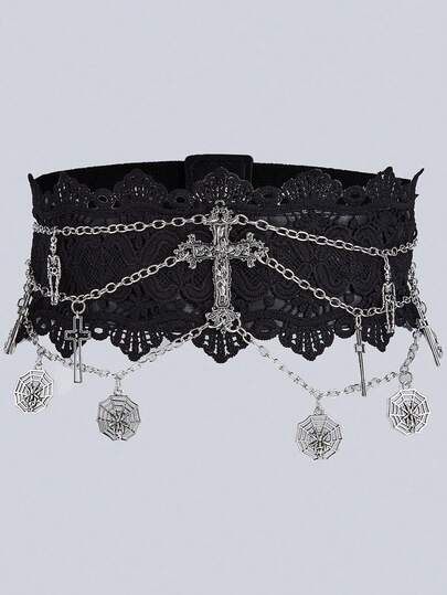 1pc Women's Black Lace Elastic Fabric 3-Layer Chain Cross Skull Spider Web Decor Gothic Style Cinched Waist Dress Accessory, Versatile For Daily Wear