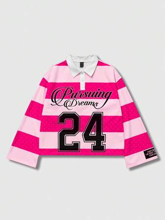 Street Life Herren Langarm Gestreiftes Polokragen T-Shirt mit Aufdruck, Lässiger College-Stil Top