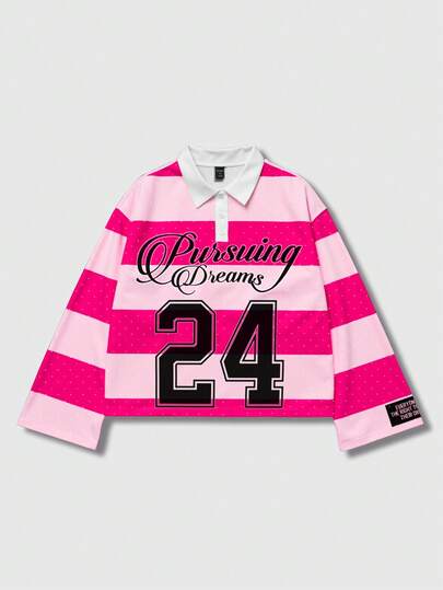 Street Life Men's Preppy Printed Long Sleeve Striped Polo Collar T-Shirt, Casual College Style Top