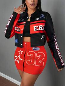 Slaydiva 2025 Winter, New Style, New Year, Valentine's Day, Party, Evening Gathering, Date, Gathering, Birthday Party, Preppy Style, Student Wear, Everyday Outing, Basic Versatile, Casual, Cruise Travel, Influencer Hot Style, Elegant, Commuter, Business Casual, Sexy Club, Y2K, Punk Racing, Girly Cool Motorcycle Style, Small Stand Collar Long Sleeve Letter Print Jacket + Tank Top + Mini Skirt, Winter Set, Christmas Set, New Year Set, Women's Three-Piece Set