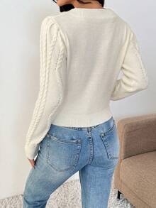 SHEIN Unity French Casual Crochet V-Neck Women's Long Sleeve Pullover Sweater, Autumn/Winter - White - View 2
