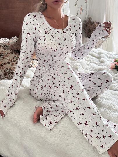 Ditsy Print Long Sleeve Top Pants Women Pajama Set, Clothes Sleep Wear Piece Set Lounge Pyjama Two view 5