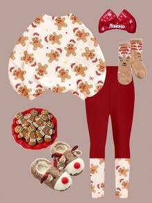 SHEIN Bộ đồ Happikins chủ đề Giáng sinh, hình người bánh gừng dễ thương và vui nhộn, họa tiết nơ, gồm áo nỉ dài tay cổ tròn và quần legging, thích hợp cho bé gái mặc hàng ngày vào mùa thu/đông, dịp năm mới, phong cách đường phố và các ngày lễ. - Nhiều màu - Xem 2