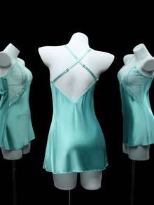 SHEIN 2pcs Lace Patchwork Criss-Cross Faux Silk Sexy Nightgown + Set For Women - Mint Green - View 7