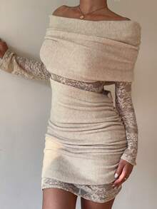 Siren Gaze Váy ngắn ren trễ vai, váy len thanh lịch mùa thu/đông, ôm sát và gợi cảm nhưng vẫn tinh tế, hoàn hảo cho các hoạt động ban đêm và thể hiện cá tính - Màu be - Xem 8