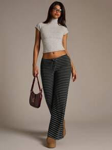 Aloruh Women's New Super Low Waist Black Striped Pants, Autumn/Winter,Black Pant,Fall,Fall Clothes For Women